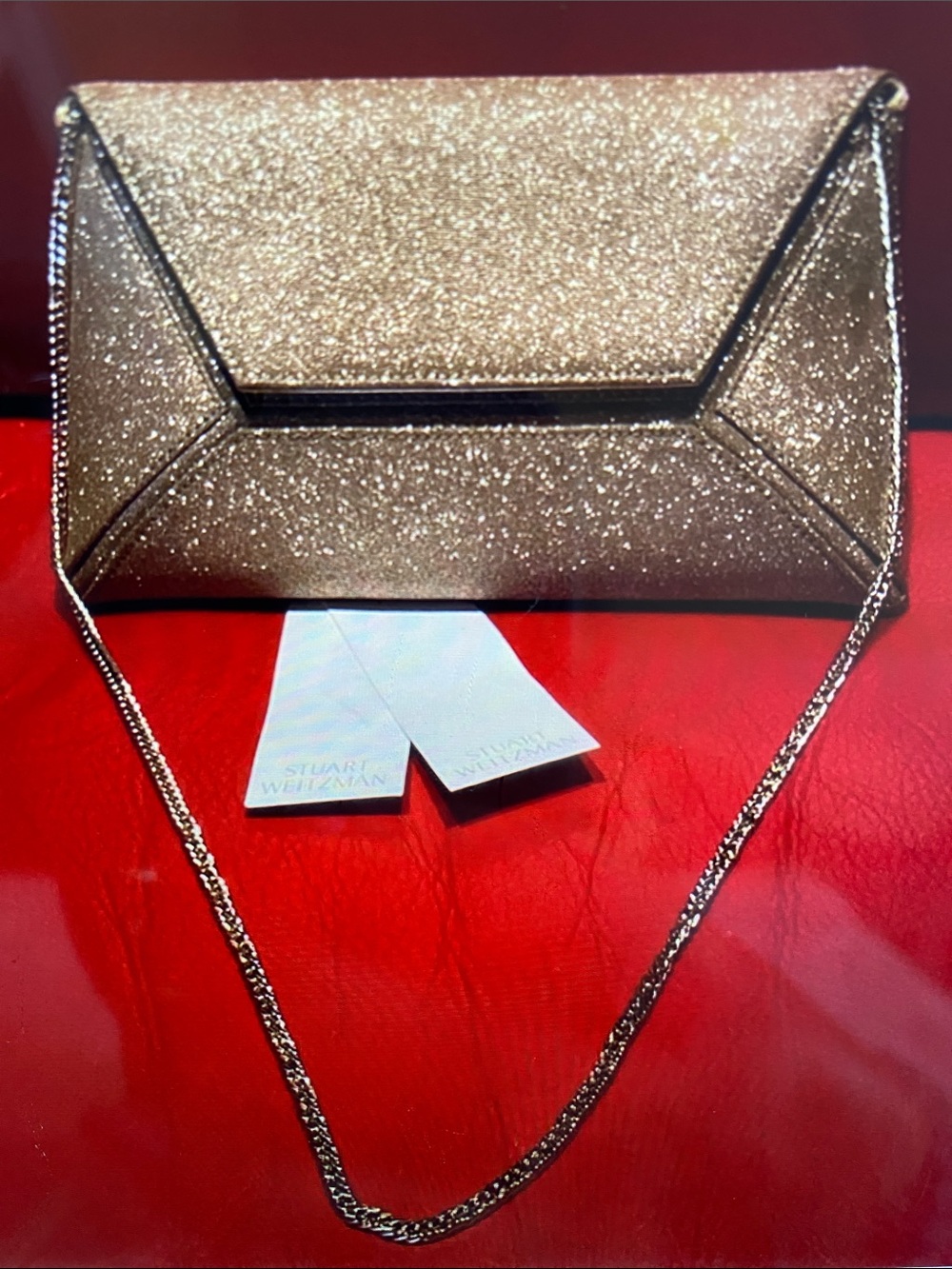 Stuart Weitzman With Certificates Sparkling Gold Logo Lining Bag With Gold Chain